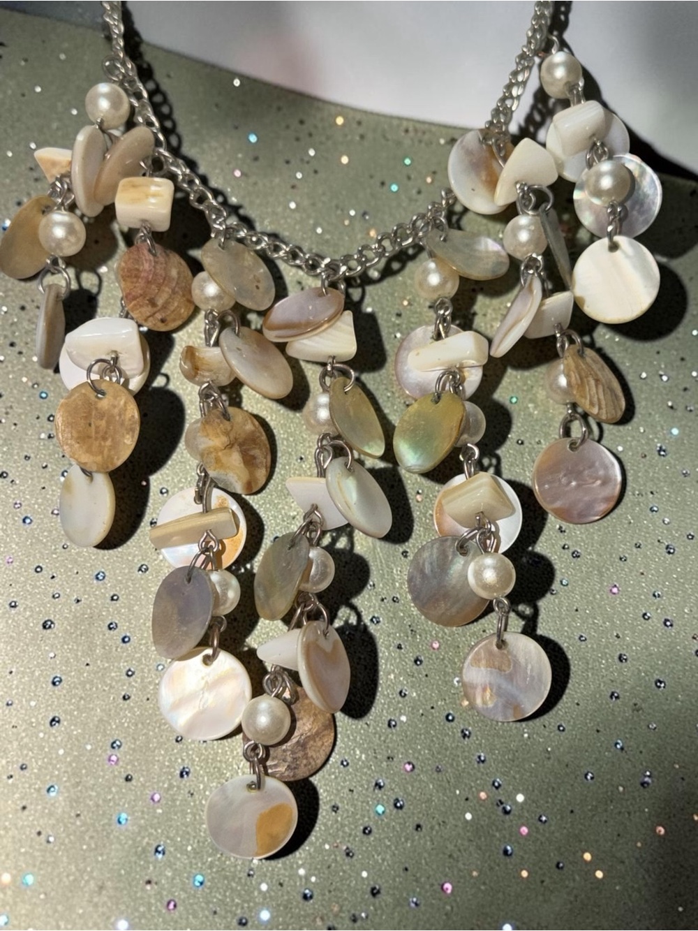 Mother of Pearl Style Shell Disc Layered Dangle Statement Necklace Boho - Picture 4 of 6